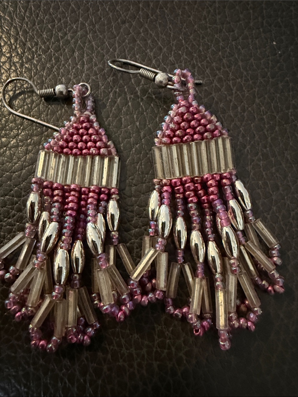 Vintage Pink and Silver Beaded Fringe Earrings - Vintage